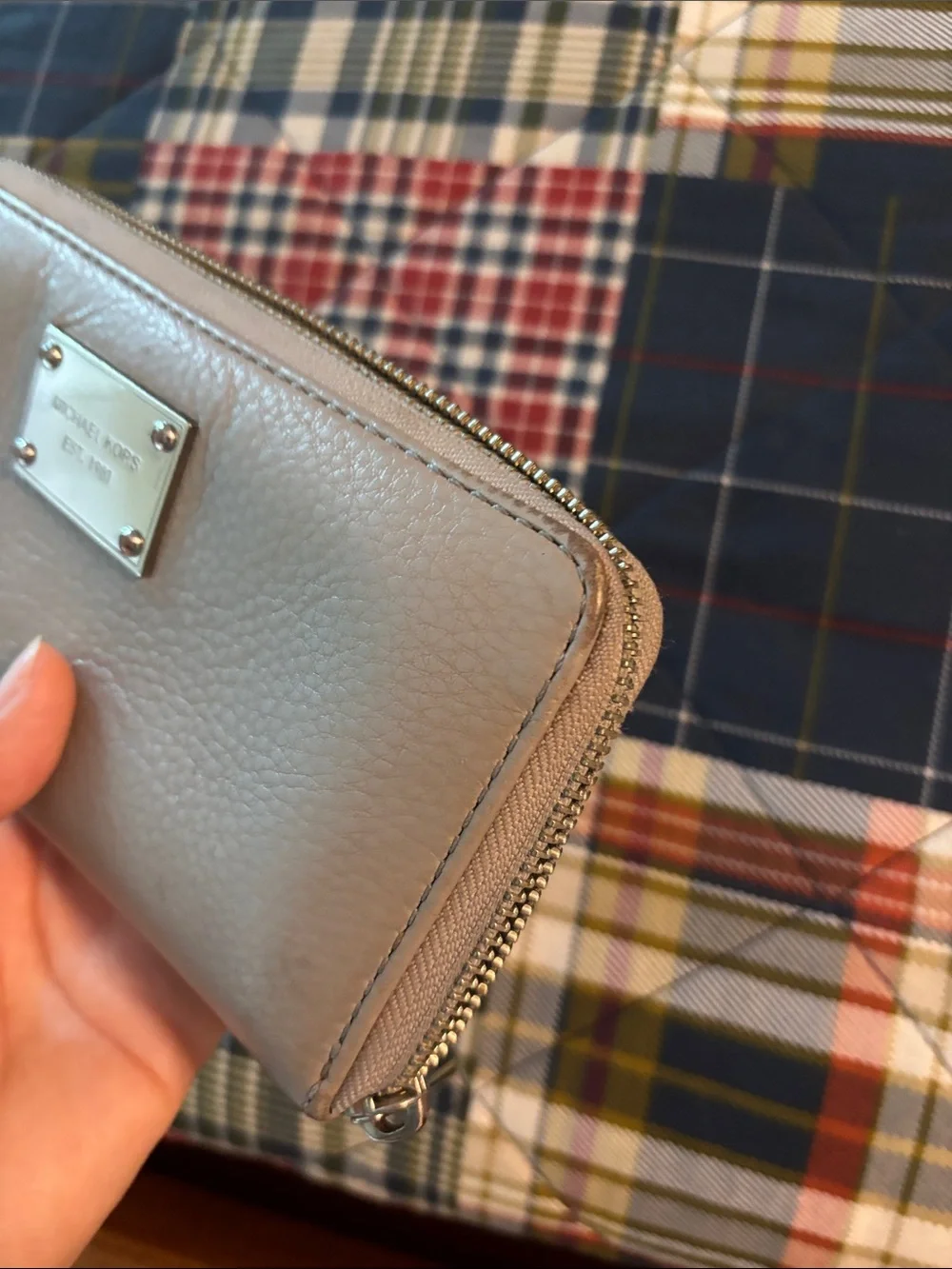 Michael Kors Gray Leather Zip Wallet with Metal Logo Plaque